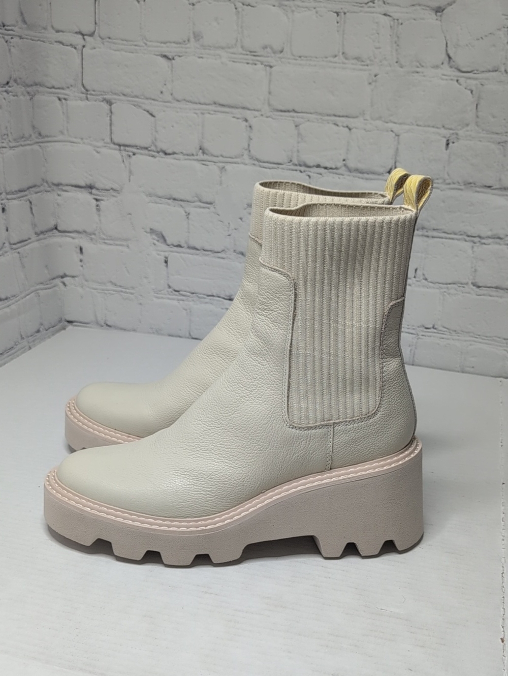 Dolce Vita Hoven H2O Platform Lug Chelesa Sock Booties Cream Leather - Picture 3 of 8